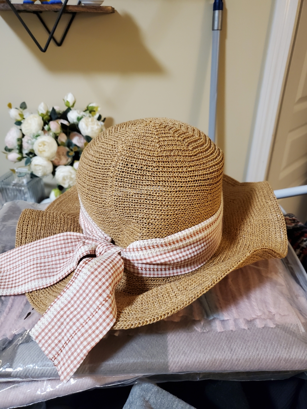 Straw Sun Hat with Pink Gingham Bow - Women Accessories